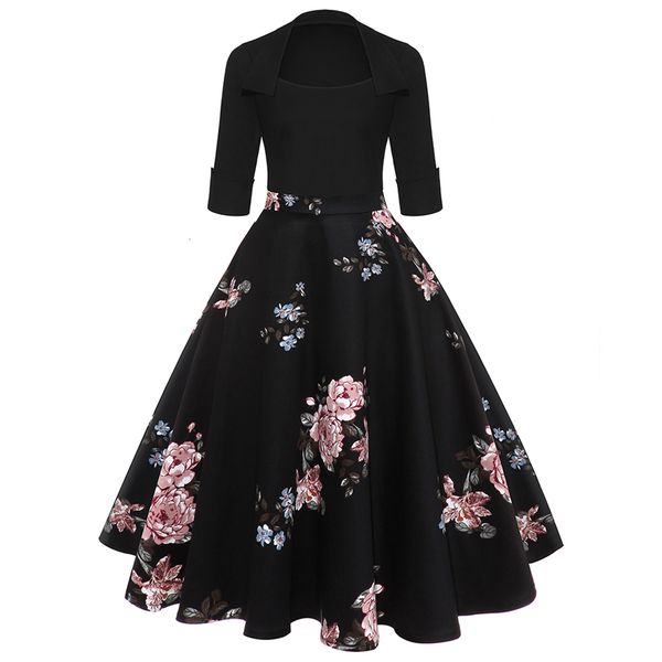 

women dress womens clothing print floral women midi vintage dress 3 4 sleeves high waist dress audrey hepburn vestidos designer clothes, Black;gray