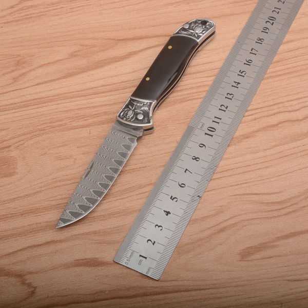 Coltello pieghevole tascabile in acciaio di Damasco di alta qualità Coltello a goccia con manico in corno di mucca Coltelli regalo EDC per esterni