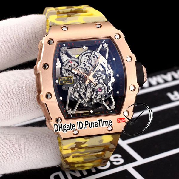 

new rafael nadal rm35-02 miyota automatic mens watch 35-02 rose gold skeleton dial camouflage gray yellow rubber strap puretime a1, Slivery;brown
