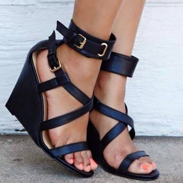 

kolnoo bd-sale new ladies sandals buckle ankle strap summer shoes wadges heel party prom fashion evening shoes d054, Black