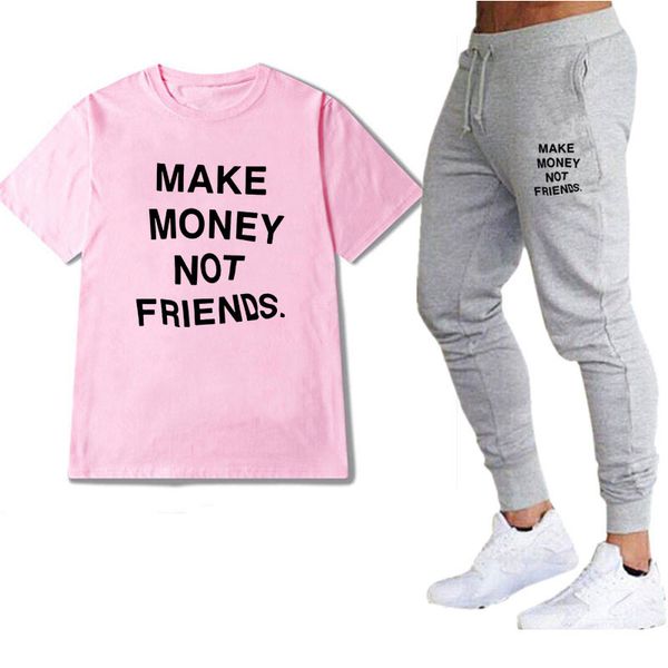 

summer streetwear men 2 piece set make money not friends t shirt sets casual tracksuit t shirts+pants men's sportswear, Gray