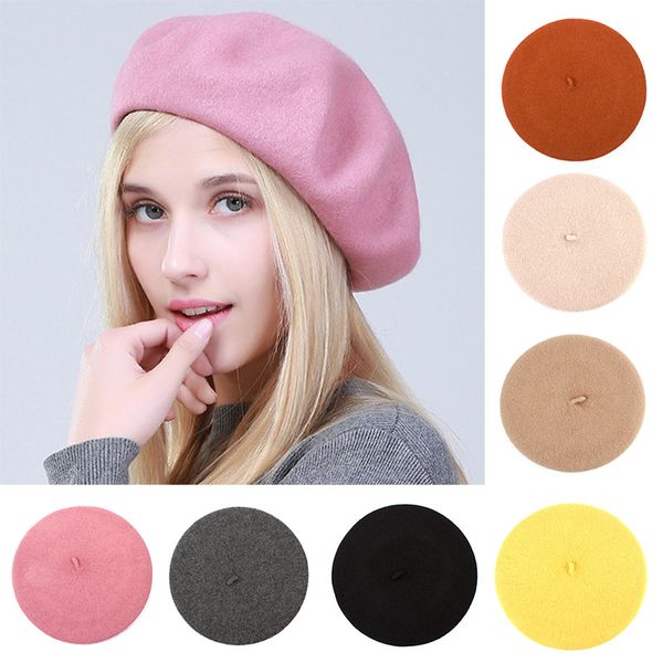 

women's beret hat fashion solid warm wool berets for women candy color cashmere french artist beanie beret hats for girls gs102c, Blue;gray