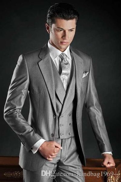 Estilo clássico Dois botões Light Gray noivo smoking Notch lapela Groomsmen melhor homem Blazer Mens ternos de casamento (jacket + pants + Vest + Tie) H: 688