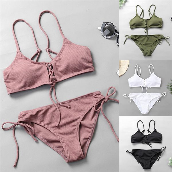 

solid bikini 2019 padded bra spaghetti strap high waist women swimwear summer