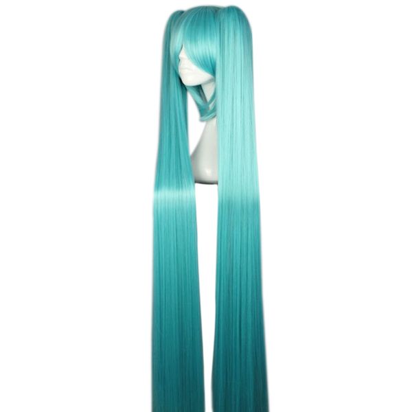 Женщины Длинные прямые синий Полный парик с челкой 2 хвостики Anime Cosplay волос для Vocaloid Hatsune Miku Рисунок