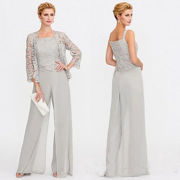 

2019 Newest Gray Mother of The Bride Dresses Two Pieces Lace Jackets Mothers Dresses For Wedding Events Pants Suit Evening Gown LP6521