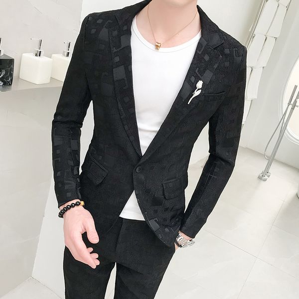

2020 new mens suits printing lapel casual slim men suit costume homme formal wedding dress party banquet men suit 2 pcs set, White;black