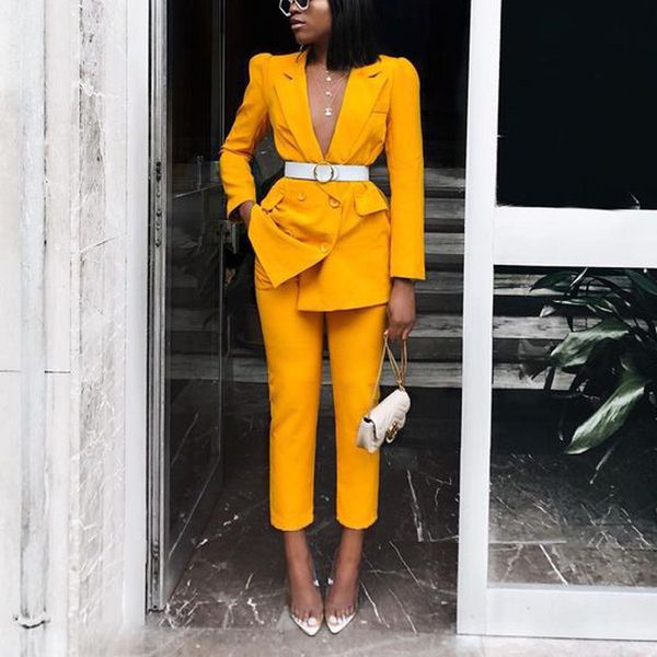 

fashion style office lady suit with deep v-neck belt design long suit jacket slim trousers 2 piece set fashionable clothes, White;black