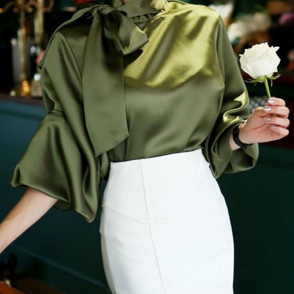 

party office ladies shirt autumn solid vintage satin lantern sleeve shirt bow tie neck loose elegant blouse women shirts new, White
