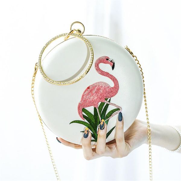 

мода женщины вечерняя сумка вышивка дизайн фламинго шаблон круглая сумка плечо кроссбоди сцепление с металлическим кругом новый 2020