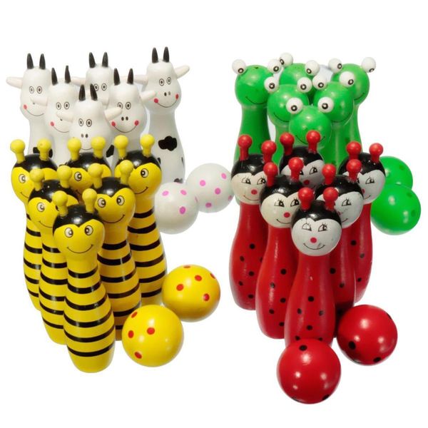 

wooden bowling ball skittle animal shape game for kids children toy red+green+white+yellow