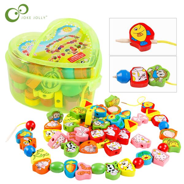 

26pcs/set wholesale kids baby cartoon animals fruit block wooden stringing threading beads game educationa toy