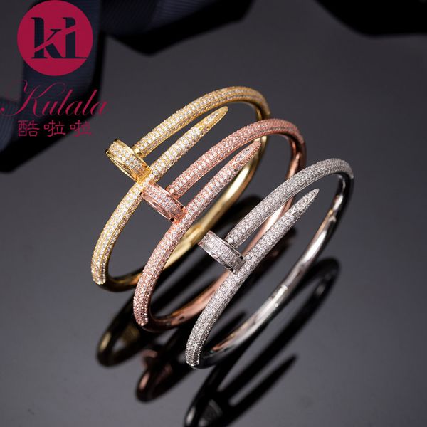 

europe america fashion brand jewelry lady brass double circle full diamond pegs 18k gold nails bracelets bangle (1pcs) 3 color, Silver