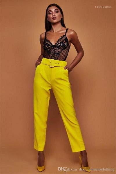 

womens suit pants with sashes straight capris pants high waist fashion pants candy colors solid, Black;white