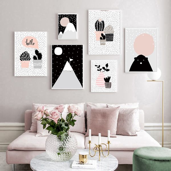 

lovely black white plants child poster animal wall art canvas bear print painting nordic kids baby bedroom decoration picture