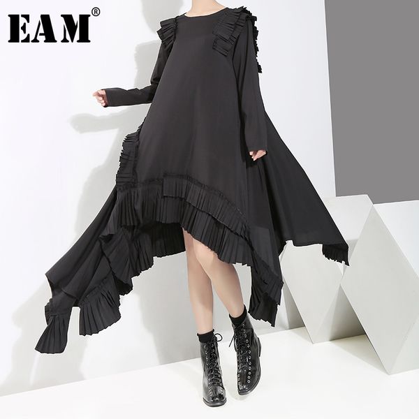 

eam] 2019 new spring summer round neck long sleeve ruffles split joint irregular hem loose dress women fashion tide ji045, Black;gray