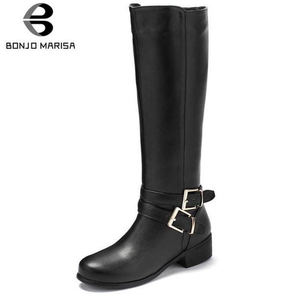 

bonjomarisa новый плюс размер 34-46 женщины snow boots элегантный пряжка женщин колено высокие сапоги толстая fur теплые зимы коренастый каб, Black