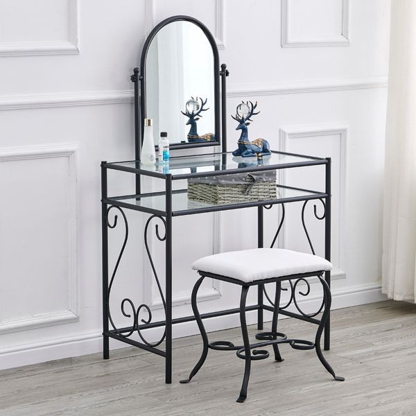 

simple iron glass dresser with 360° rotation mirror+square dressing stool black european style item