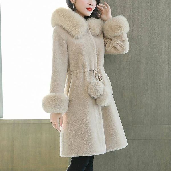 

women winter fashion big real fur collar woolen coat female lace up slim sheep shearing overcoat thicken warm wool coat m86, Black