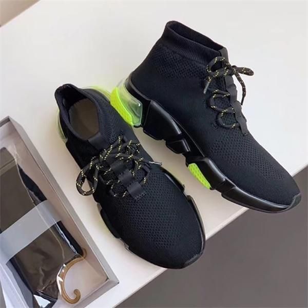 

mens black speed sneakers stretch socks shoes graffiti bright green sole shoes knit mesh lace-up air shoes runner trainers with box