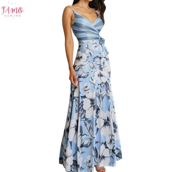 

2020 new summer women dress casual floral print wrapped tied side sleeveless v neck maxi long dress vestidos 9611, Black;gray