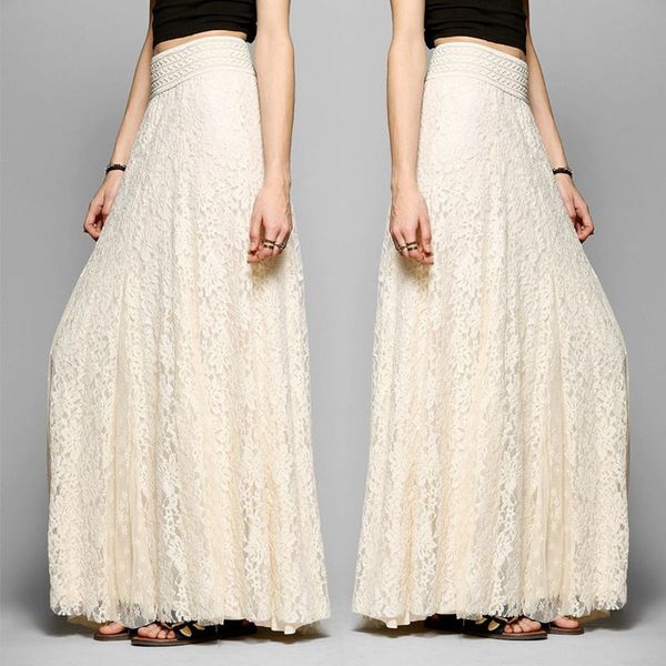 

women double layer chiffon pleated long lace maxi sundress elastic waist skirts summer beach skirt, Black