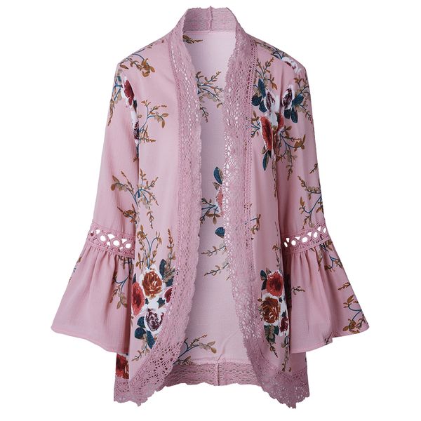 Mulheres Moda Impresso Chiffon camisas de manga Puff Xaile Kimono Cardigan Tops Cover Up Blusa solta Praia