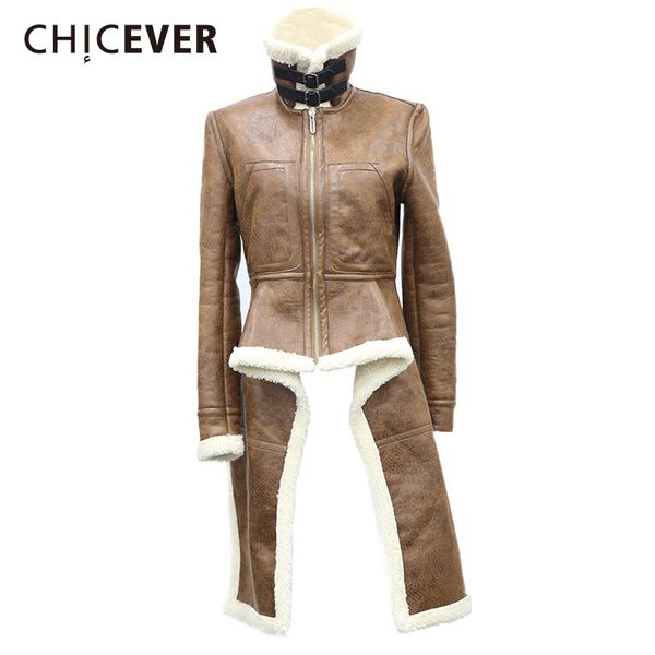

chicever irregular fleece coats pu leather turtleneck zipper midi long coat winter thick female large size tide clothing, Black
