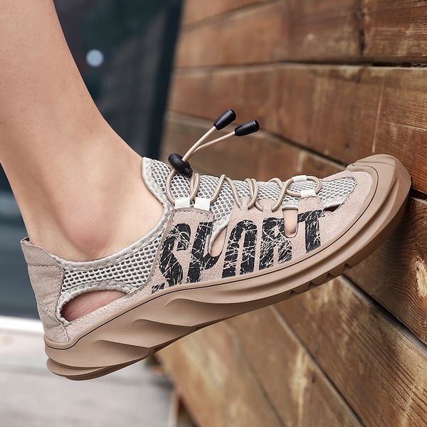 

fashion men sandals mesh summer outdoor casual men beach shoes flat breathable leather sandals soft casual male, Black