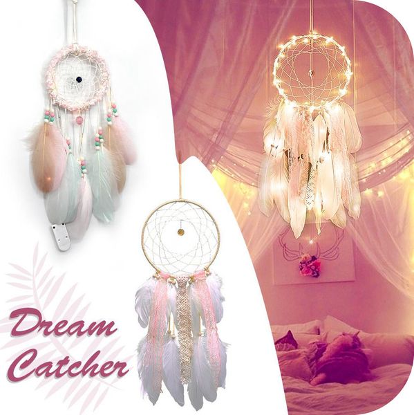 

girl heart dream catcher handmade national feather ornaments lace ribbons feathers wrapped led lights dreamcatcher for room wall hanging