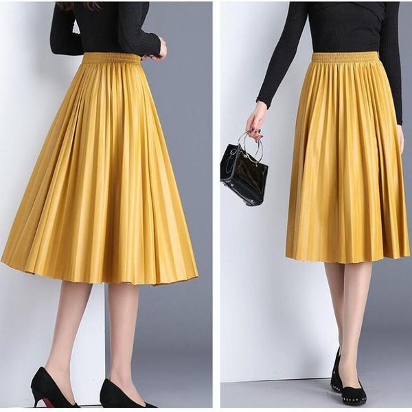 

2020 8 colors available spring new arrival casual style ladies skirts organ pleated skirts elegant high waist leather skirt pu dress dresses, Black