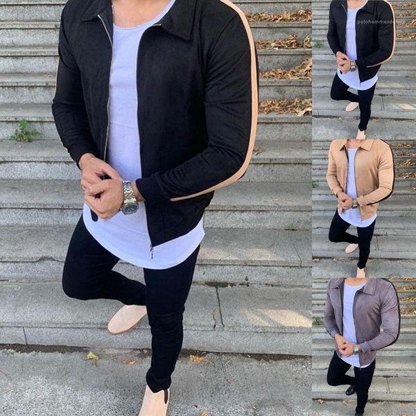 

шея верхняя одежда сплошной цвет с длинным рукавом homme одежда с застежкой-молнией модные мужские дизайнерские куртки осень лацкан, Black;brown