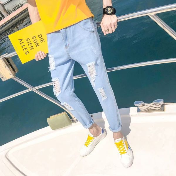 

men's jeans whoelsale 2021 teenagers cowboy hip hop nine-point ripped slim feet pants korean trend summer beggar, Blue