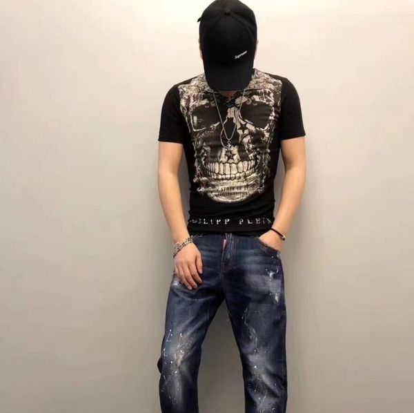 

череп печать tee tops мужской одежда мода лето повседневной tee топы черные белые футболки новый, White;black