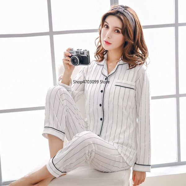 

2019 casual cotton pajamas sets women long sleeve white striped sleepwear suit 2 piece spring homewear lounge pants suits, Blue;gray