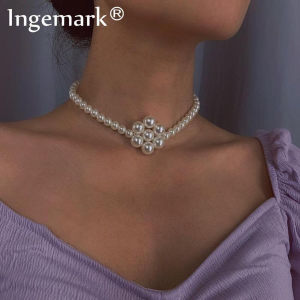

elegant kpop baroque pearl love flower choker necklace women wedding gothic minimalist white color bead chain necklace jewelry, Silver