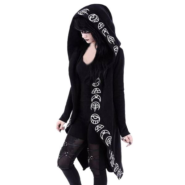 

women's hooded jackets spring autumn women long sleeve punk moon print hooded black cardigan vintage jacket coat plus size, Black;brown