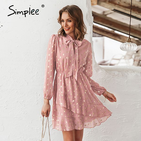 

simplee elegant dot print bow tie dress vintage ruffle asymmetrical short sundress office a-line ladies street wear midi dress, Black;gray