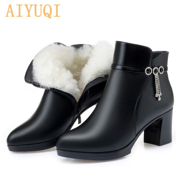 

aiyuqi women's short booties genuine leather ankle boots wool thick winter women's snow boots wearing high-heeled office, Black