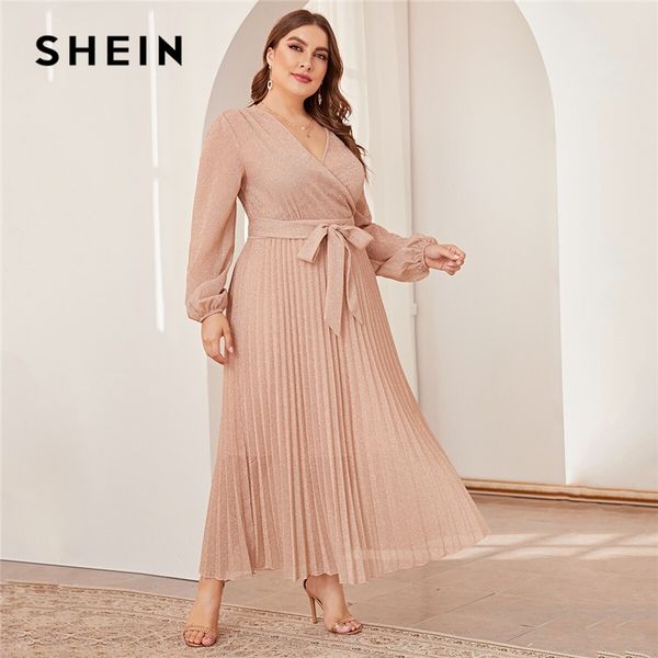 

shein plus size surplice neck lantern sleeve pleated glitter maxi dress women autumn high waist wrap glamorous party dresses, Black;gray