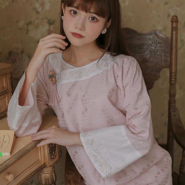 

100% cotton good quality embroidery traditional chinese style pink flat cut one piece large sleeve daily travel cheongsam dress autumn, Black;gray