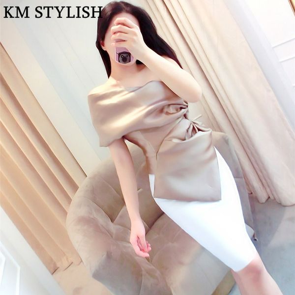

2019 spring and summer new elegant lady one-shoulder skew collar temperament bow shirt vest black gold gray color, White