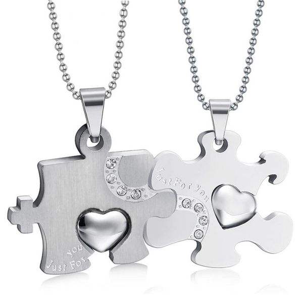 

2pc/set just for you personality rhinestones inlay love charm stainless steel couple puzzle pendant necklace, Silver