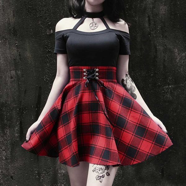 

red plaid pleated women dress gothic streetwear off shoulder pentagram halter lace up mini female dress bandage lady dress, Black;gray