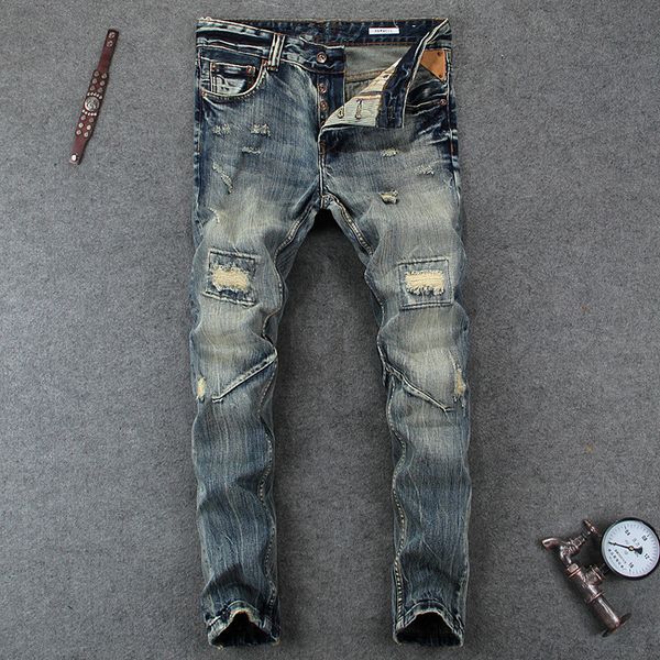 

men's jeans mens fashion pencil pants retro denim cloth bleached washed slim trousers hole ripped distressed motorcycle, Blue