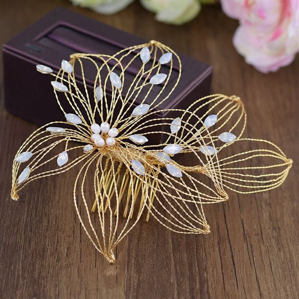 

1pc flower wedding hair combs wedding hairgrips headwear for bridal hair clips piece fashion jewelry, Golden;white