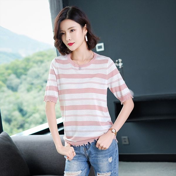 

ice silk half sleeve t- t- knitted shirt knitwear women's loose contrast color knitwear slim striped base shirt thin 91906, White