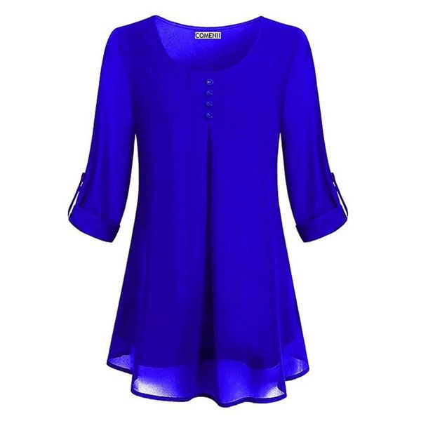 

plus size -8xl women casual solid color adjustable half/long sleeve button shirts round neck t-shirts loose chiffon blouse, Blue;gray