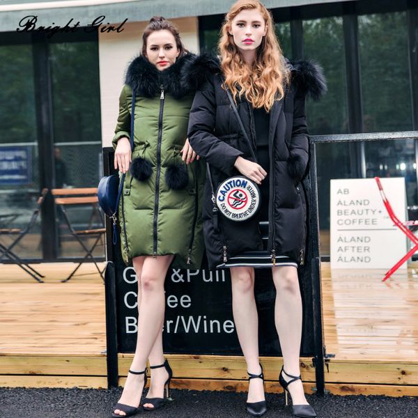 

bright girl winter down jackets raccoon big hair collar down jacket for women thickened hooded coat for autumn and winter, Black
