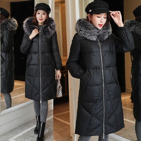 

2019 winter new style haining pu leather down jacket cotton-padded clothes women's medium-length raccoon fur collar thick over-t, Blue;black